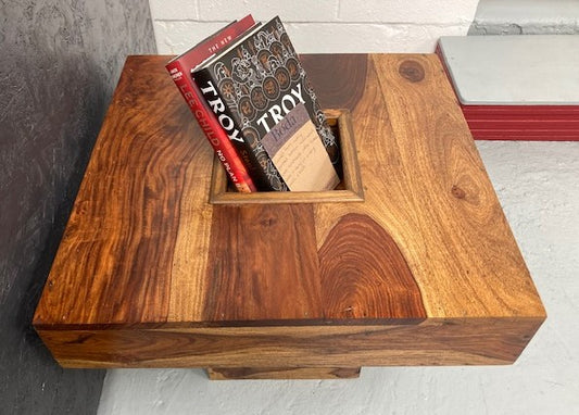 Solid Wood Side Table with Central Storage Slot